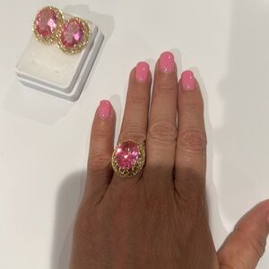 🌸NEW GOLD PLATED SET EARRINGS AND RING PINK ADJUSTABLE RING 💍 Size.